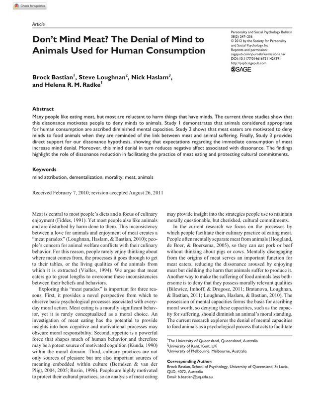 Title page of Bastian, Loughnan, Haslam, and Radke (2012)